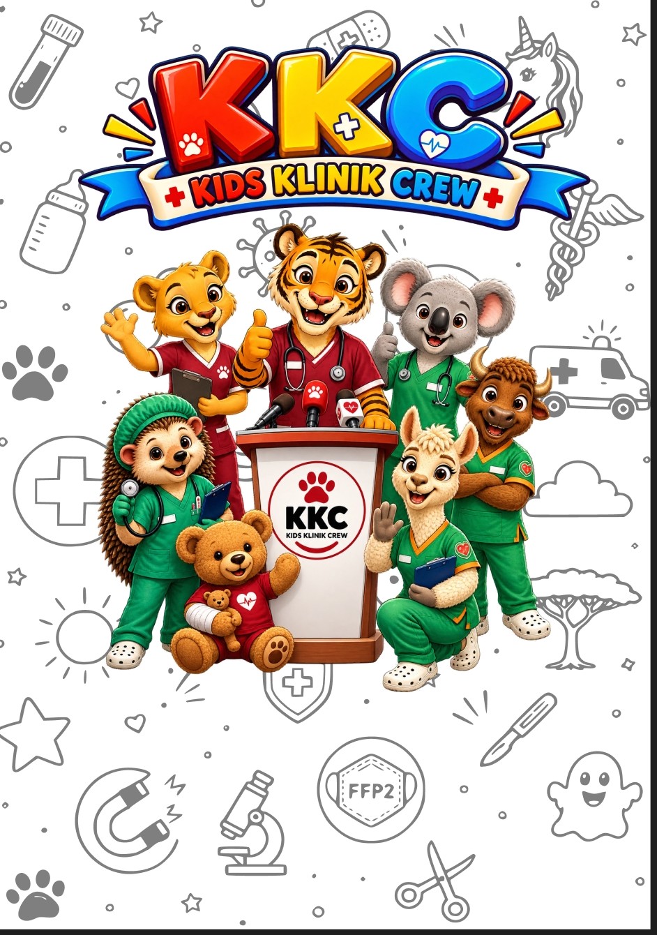 Die KKC Kids Klinik Crew – Tier-Charaktere in Klinik-Kleidung am Rednerpult